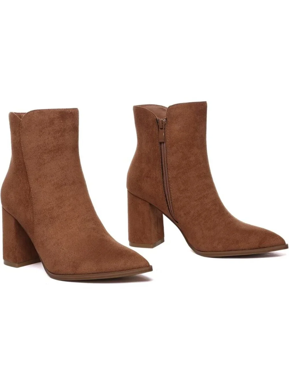 Women's Brown Fashion Pointed Toe Chunky Block Heel Side Zipper Short Ankle Boot